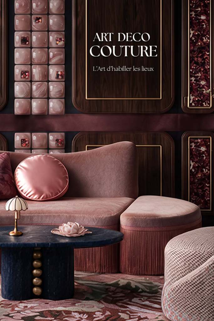Canapé en velours rose et mur en onyx rosé