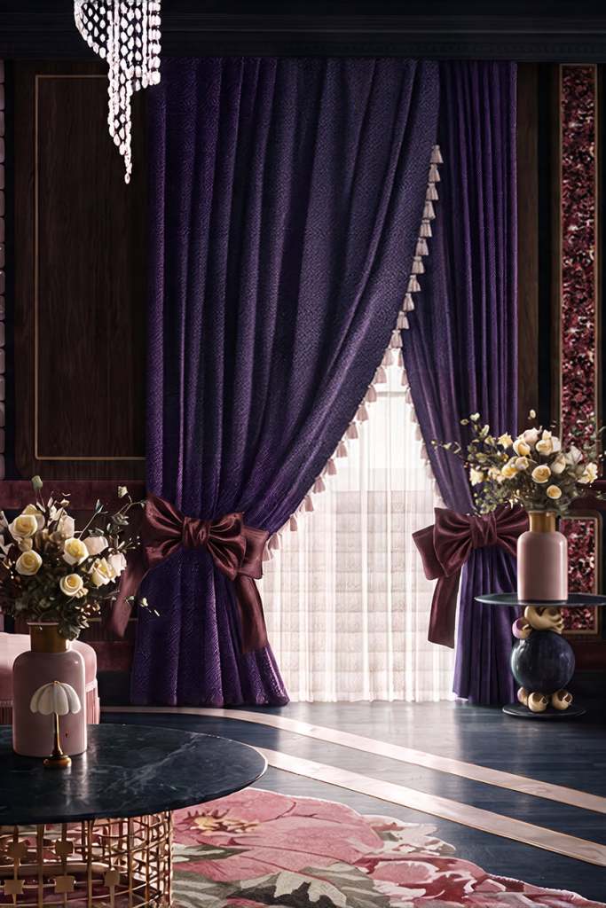 Rideaux asymétriques en velours bleu violacé