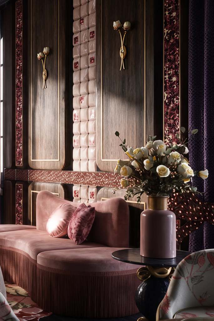 Banquette en velours rose et boiseries en noyer