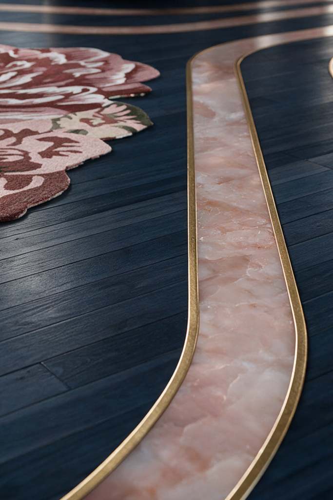 Parquet bleu nuit, incrustations en laiton et onyx rosé