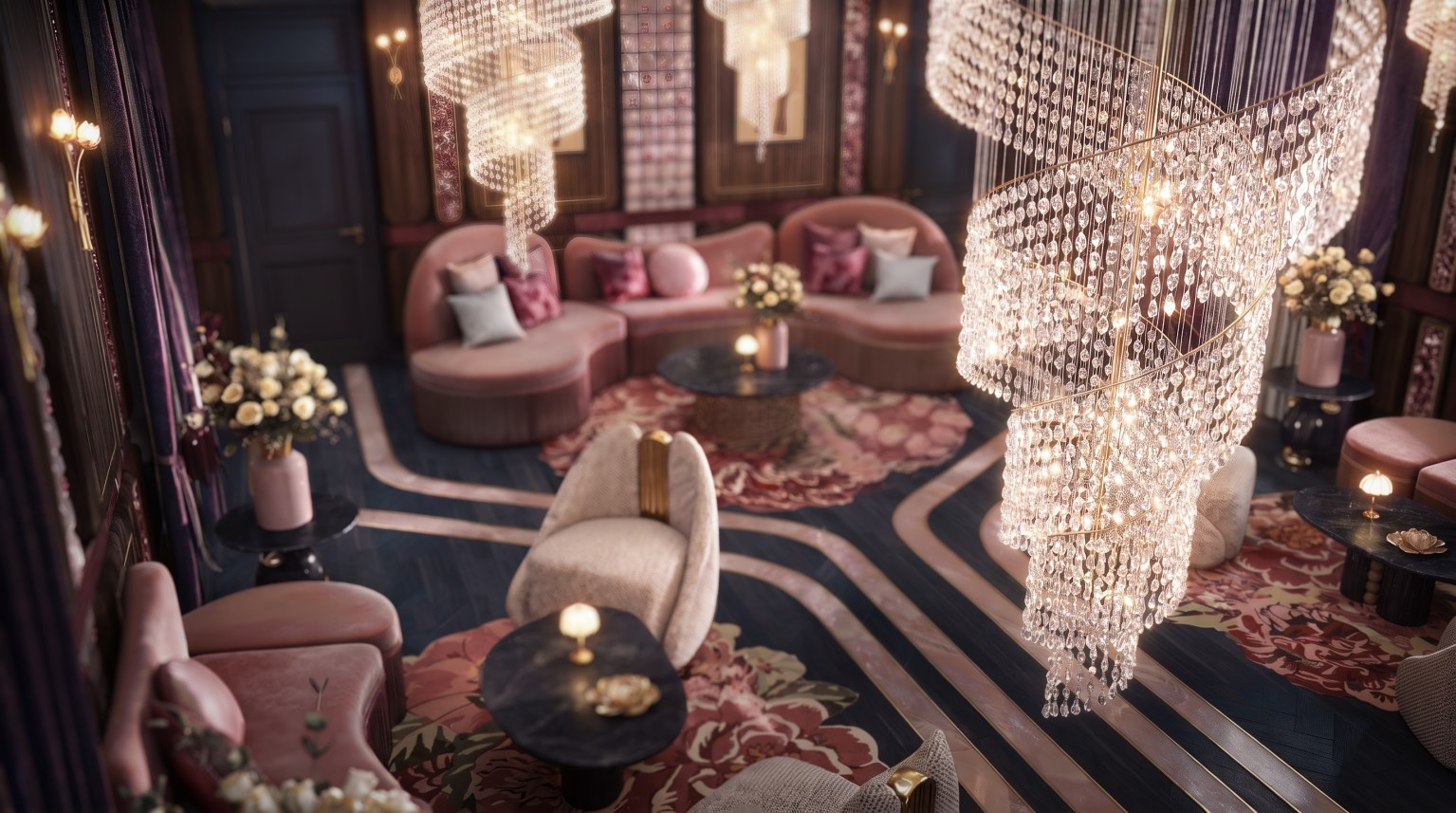 Lustres de perles en spirale au-dessus des banquettes en velours rose – salon Art Déco couture, Akemi Claire